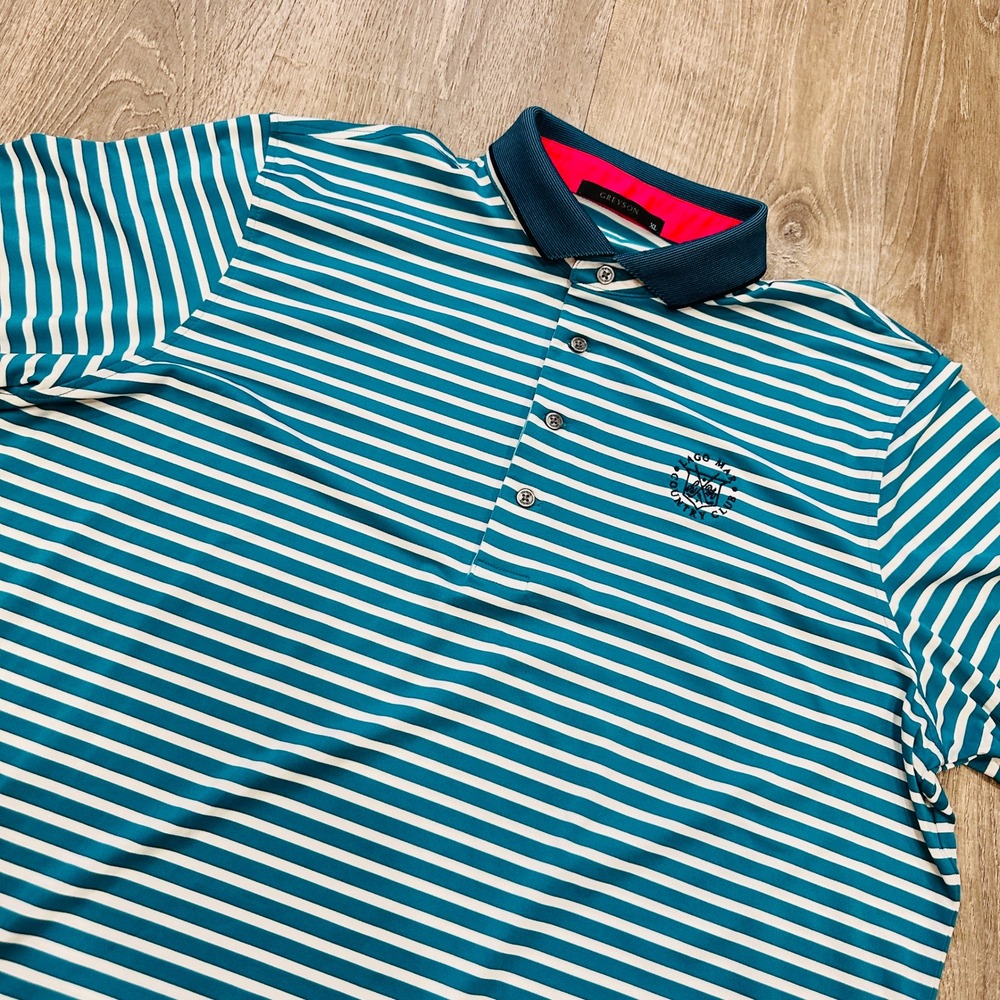 Greyson Polo Mens XL Teal White Striped‎ Lago Mar Country Club Golf Polo Shirt